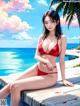 A woman in a red bikini sitting on a dock by the ocean.