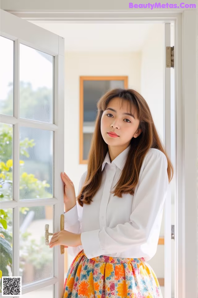 A woman standing in front of a window holding a door handle.