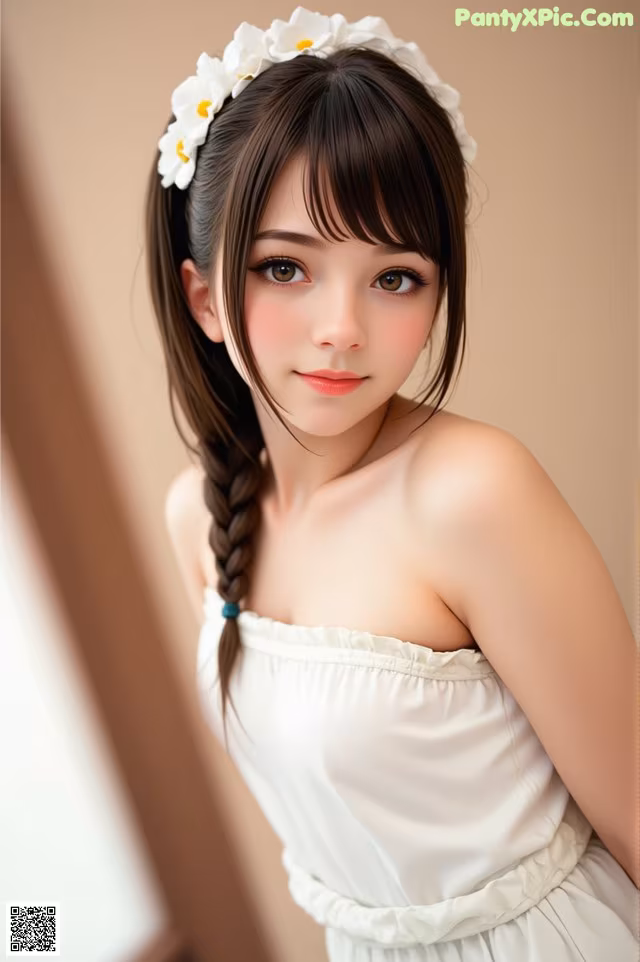 A woman in a white dress with a flower in her hair.