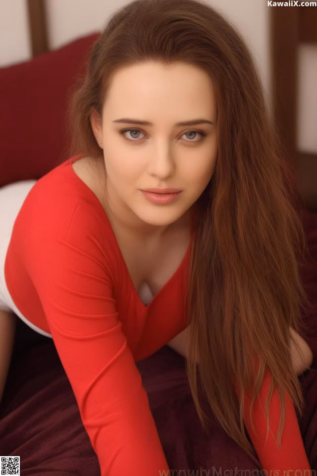 A woman in a red dress laying on a bed.
