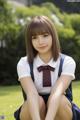 A young woman in a school uniform sitting on the grass.