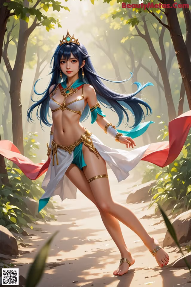 A woman in a bikini with a crown on her head walking through a forest.