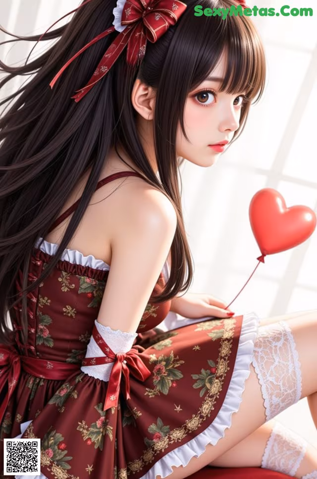 A woman in a red dress holding a red heart balloon.