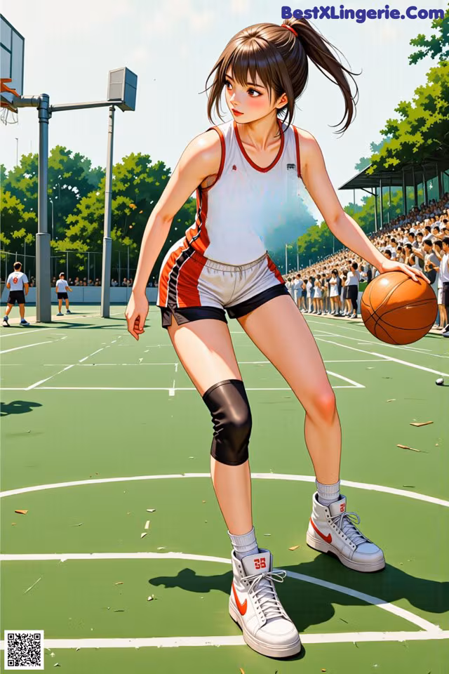 A woman in a basketball uniform holding a basketball on a court.