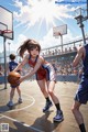 A girl holding a basketball on a basketball court.