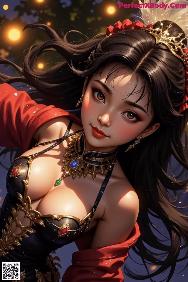 A woman in a red and black outfit with a crown on her head.