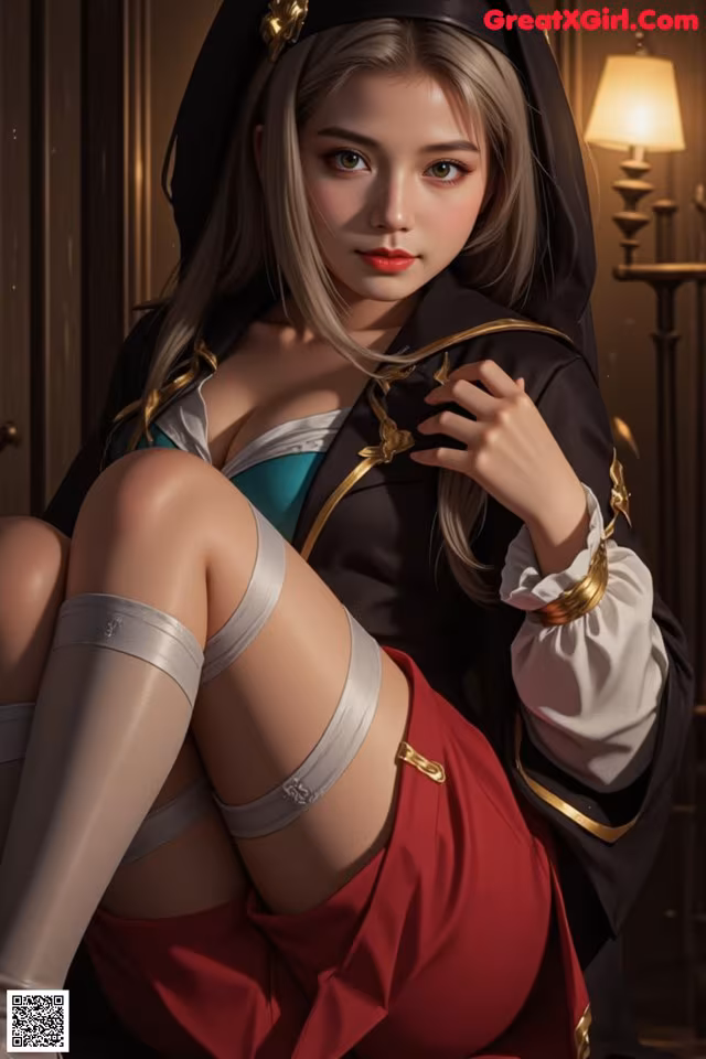 A woman in a black and red outfit is posing for a picture.