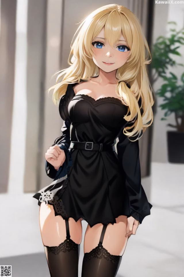 A woman in a black dress and stockings posing for a picture.