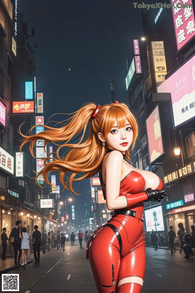 A woman in a red latex outfit standing in the middle of a city.