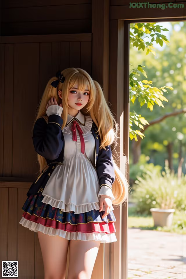 A woman in a school uniform posing for a picture.