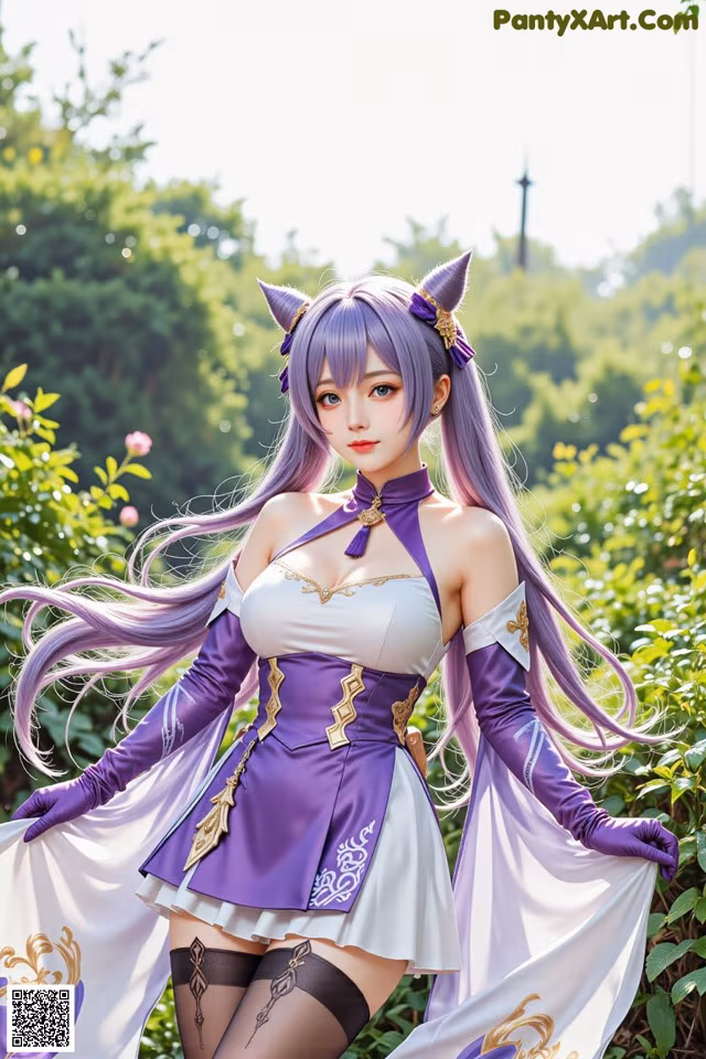A woman in a purple and white dress with long purple hair.
