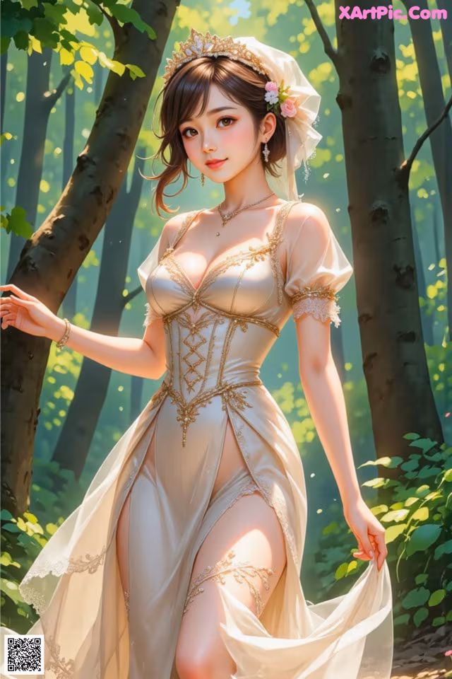 A woman in a wedding dress standing in the woods.