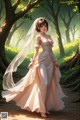 A woman in a wedding dress walking through a forest.